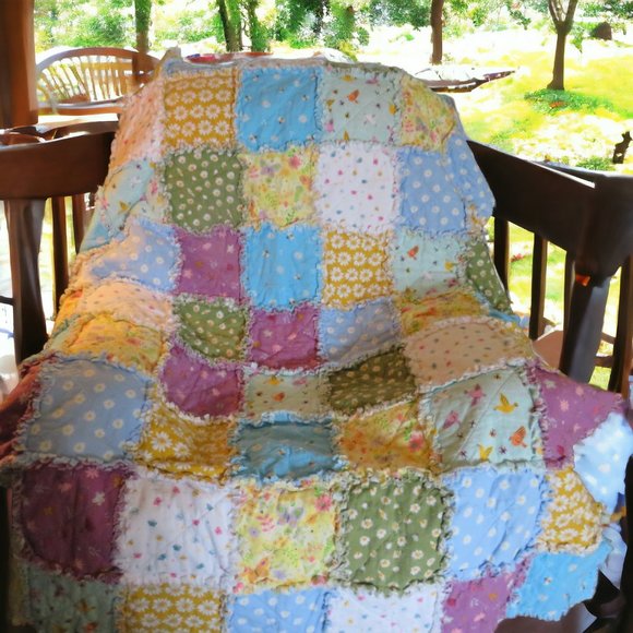Handmade Other - Flannel Rag Quilt With Batting, 50x64, Floral, Bees, Butterflies, Birds